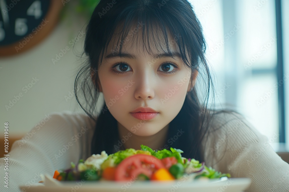 Asian Woman Waiting to Eat Keto Salad with Clock in Background Asian Woman Waiting to Eat Keto Salad with Clock in Background