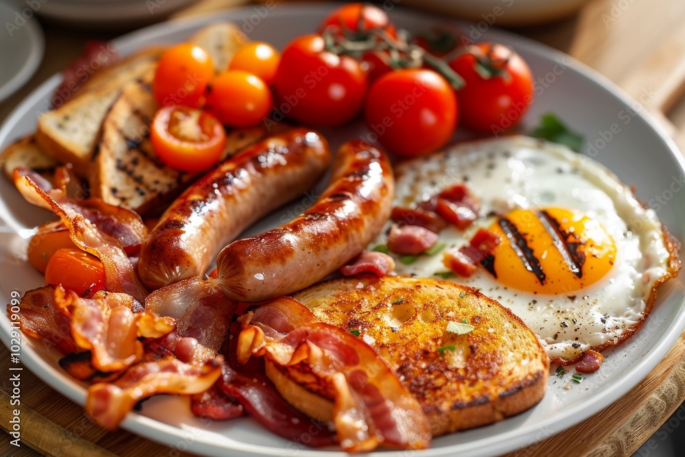 Traditional English breakfast with eggs, sausages, bacon, and grilled tomatoes Traditional English breakfast with eggs, sausages, bacon, and grilled tomatoes