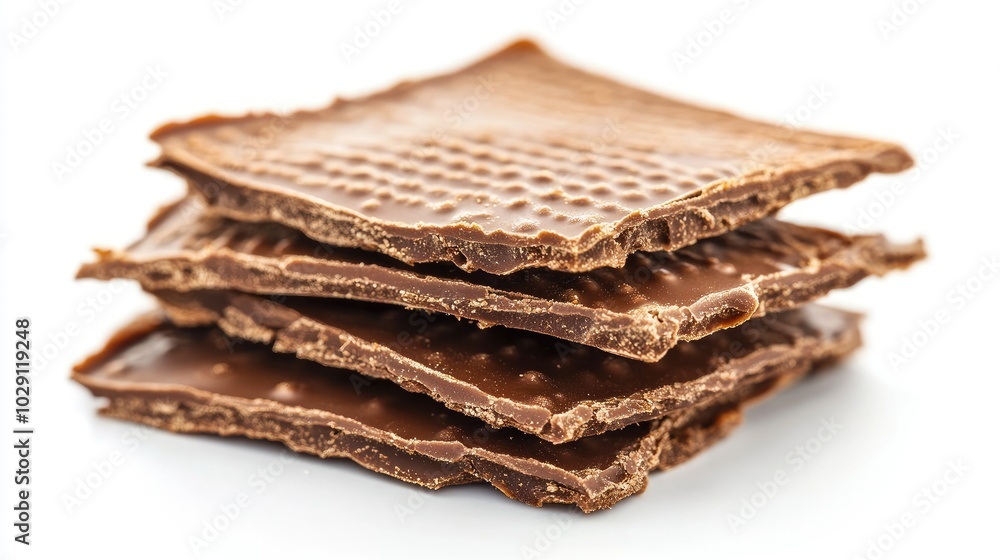 A broken chocolate wafer block with detailed layers of crispy wafer and smooth chocolate filling, isolated on white. A broken chocolate wafer block with detailed layers of crispy wafer and smooth chocolate filling, isolated on white.