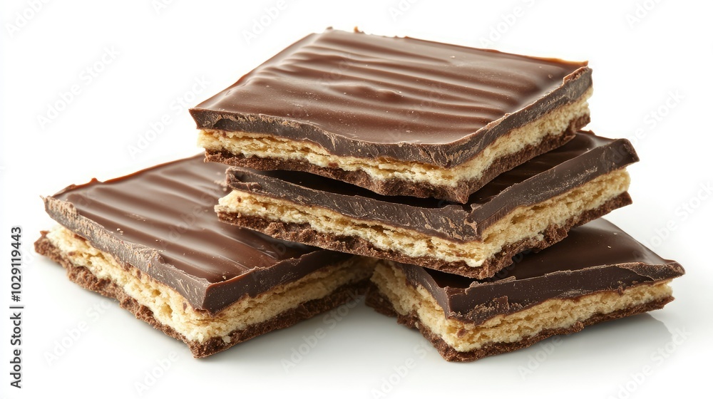 A broken chocolate wafer block with layers of crisp wafer and creamy chocolate, isolated on a white background. A broken chocolate wafer block with layers of crisp wafer and creamy chocolate, isolated on a white background.