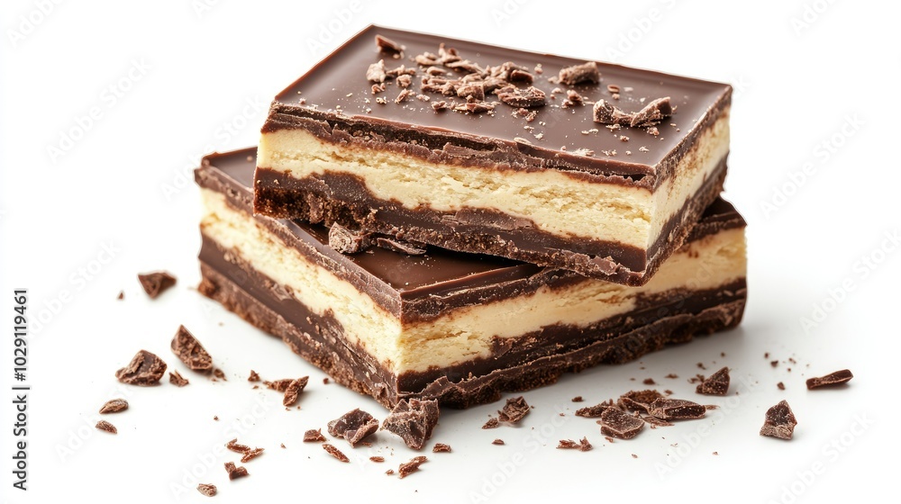 A broken chocolate wafer block with layers of crisp wafer and creamy chocolate, isolated on a white background. A broken chocolate wafer block with layers of crisp wafer and creamy chocolate, isolated on a white background.