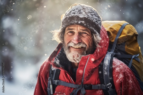 Portrait of a smiling senior male hiker during snowfall