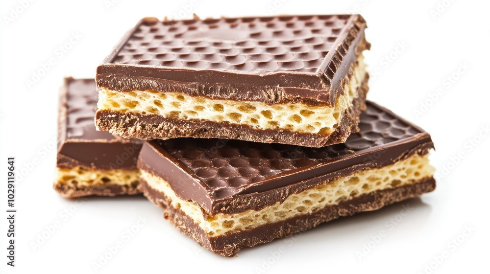 A broken chocolate wafer block, with layers of wafer and creamy chocolate, isolated against white. A broken chocolate wafer block, with layers of wafer and creamy chocolate, isolated against white.
