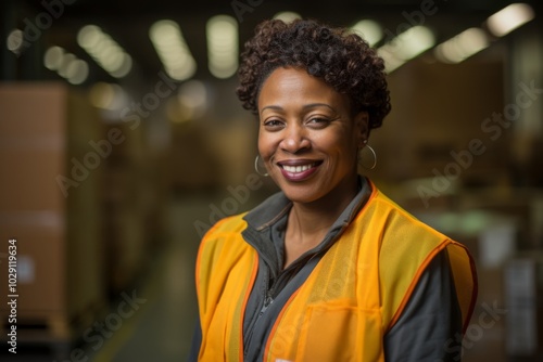 Portrait of a joyful middle aged African American female warehouse worker