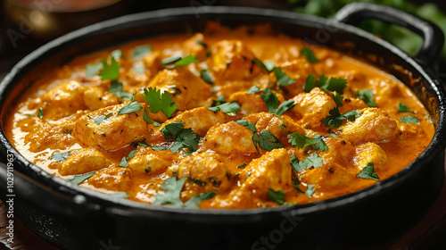 Chicken Tikka Masala: A vibrant orange-red curry with tender pieces of marinated chicken in a creamy tomato sauce. Garnished with fresh cilantro, 