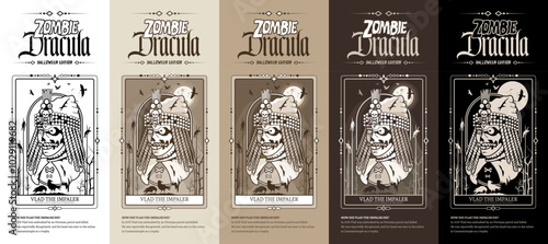 Zombie Count Dracula Illustrations Set in Medieval Style. Vlad III Dracula of Wallachia, Vlad the Impaler or Vlad Tepes, Halloween Edition. Famous literary and historical character.