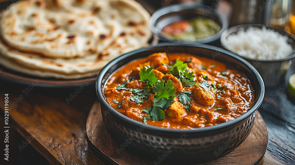 Chicken Tikka Masala: A vibrant orange-red curry with tender pieces of marinated chicken in a creamy tomato sauce. Garnished with fresh cilantro, Chicken Tikka Masala: A vibrant orange-red curry with tender pieces of marinated chicken in a creamy tomato sauce. Garnished with fresh cilantro,