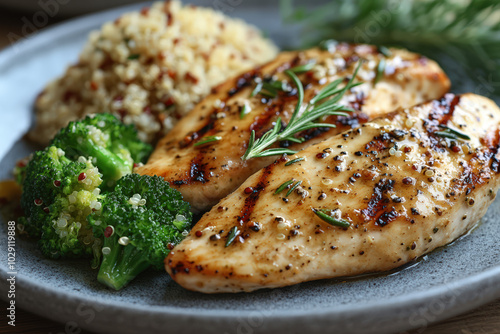 Delicious grilled chicken breast served with quinoa and broccoli, perfect for healthy meal prep and nutritious dining.