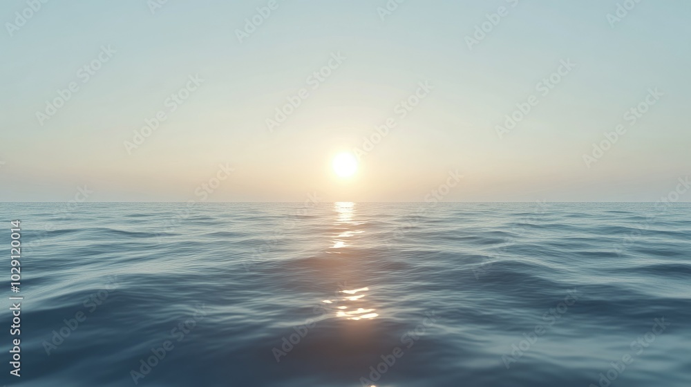 Fototapeta premium A calm ocean surface with soft waves reflecting the light of the setting sun.