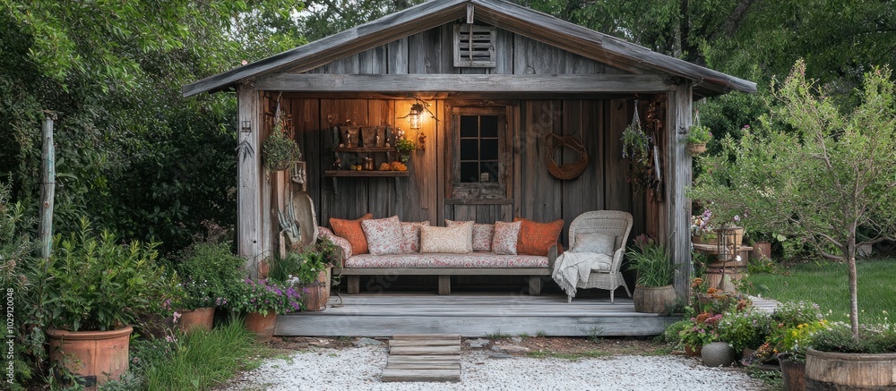 Obraz premium Rustic wooden cabin porch with a couch and a wicker chair.