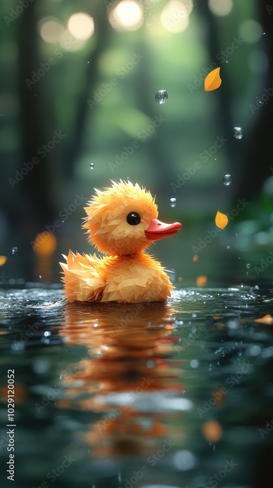 Low poly duckling gliding across serene pond waters, vibrant reflections, playful atmosphere, charming digital art style Low poly duckling gliding across serene pond waters, vibrant reflections, playful atmosphere, charming digital art style
