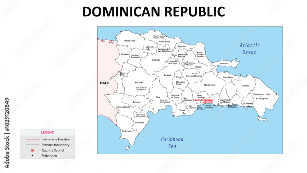 Fototapeta premium Dominican Republic Map. State map of Dominican Republic. Administrative map of Dominican Republic with state and capital in white color.