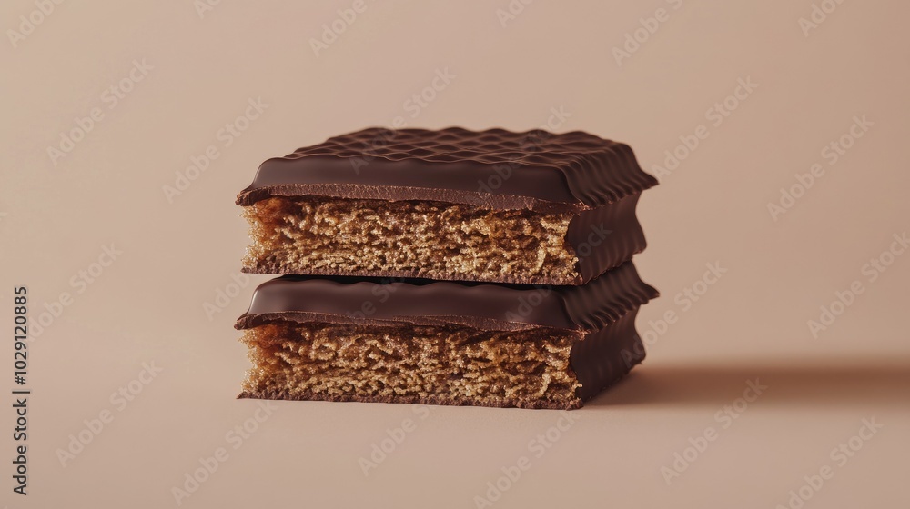 A chocolate wafer block broken in half, with a detailed view of the crispy wafer layers and chocolate. A chocolate wafer block broken in half, with a detailed view of the crispy wafer layers and chocolate.