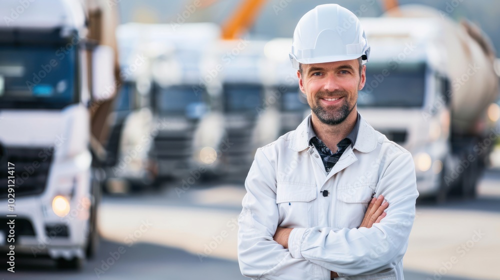 Confident Construction Worker in White Hard Hat and Coveralls