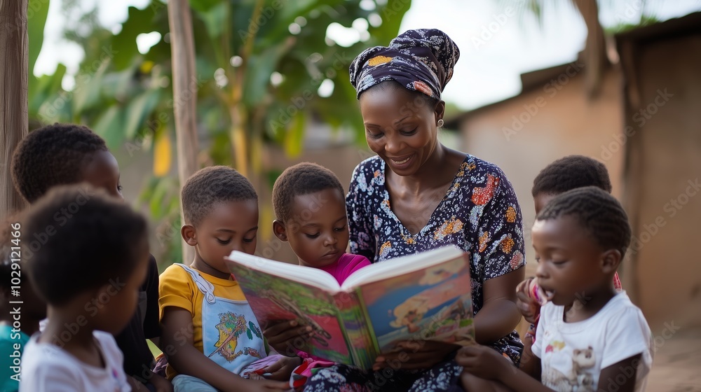 A woman reading a storybook to a group of children in a village during a sunny day A woman reading a storybook to a group of children in a village during a sunny day
