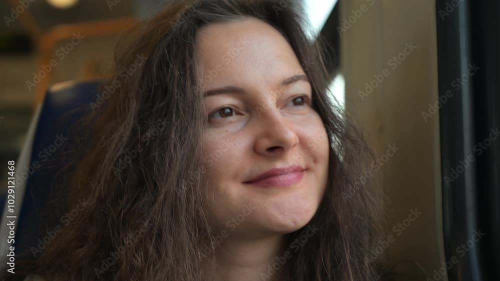 Young woman with curly hair enjoys a serene train journey, smiling as she gazes out the window, capturing a moment of quiet reflection and happiness Young woman with curly hair enjoys a serene train journey, smiling as she gazes out the window, capturing a moment of quiet reflection and happiness
