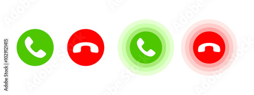 Accept and decline call icon set. Answer and reject call buttons collection. Green and red incoming call mobile interface pictogram. Round mobile phone accept and decline buttons vector illustration.