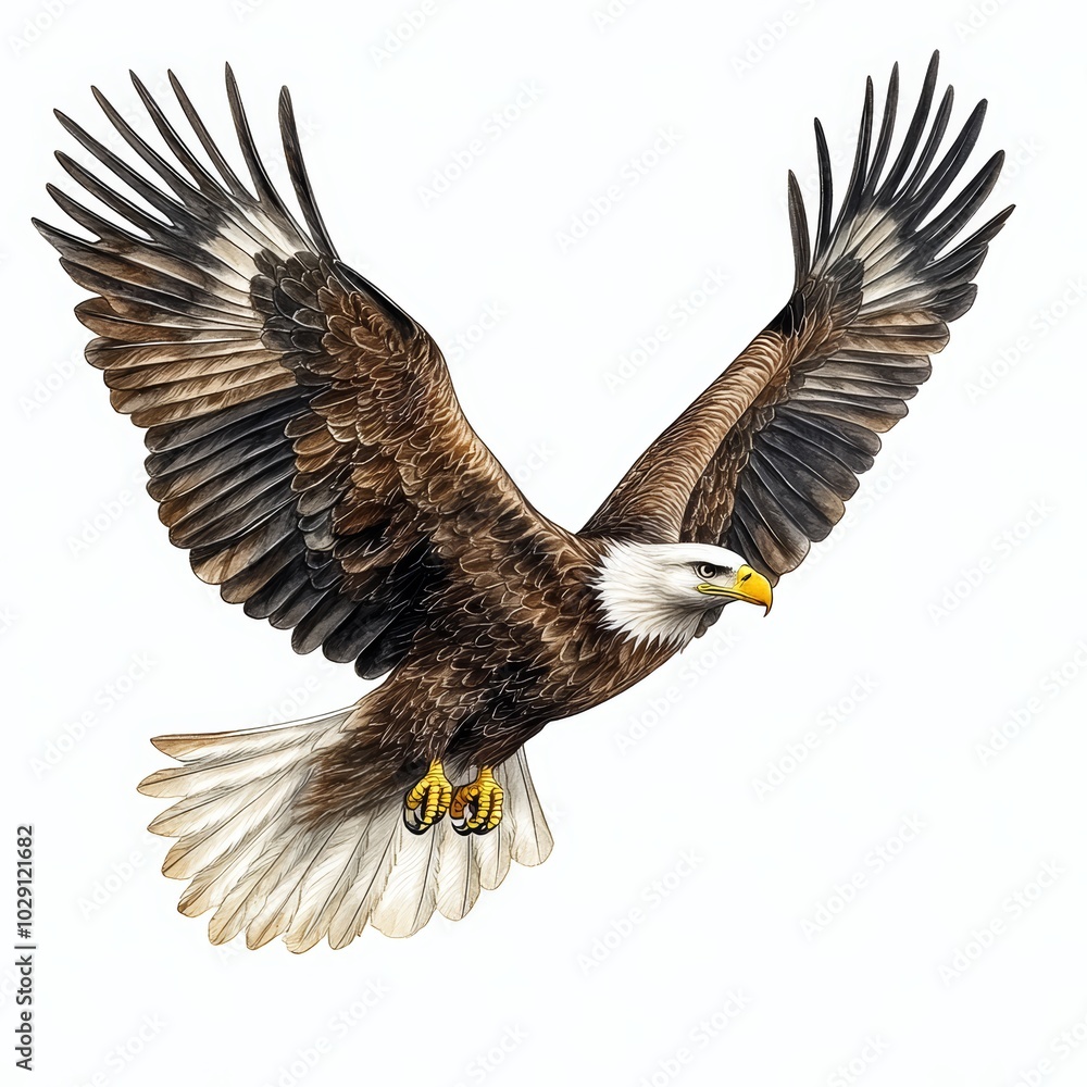 Naklejka premium Majestic bald eagle soaring gracefully with outstretched wings.