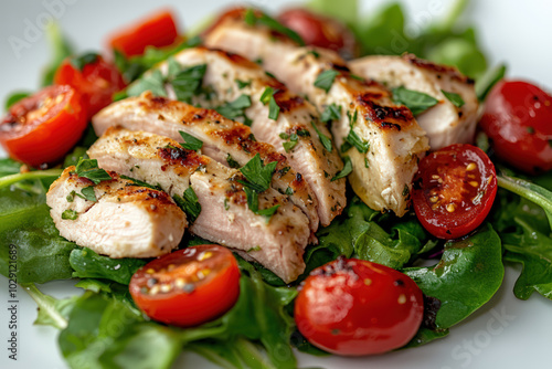 Grilled chicken breast slices served on a bed of fresh spinach and cherry tomatoes, garnished with herbs for a healthy meal.