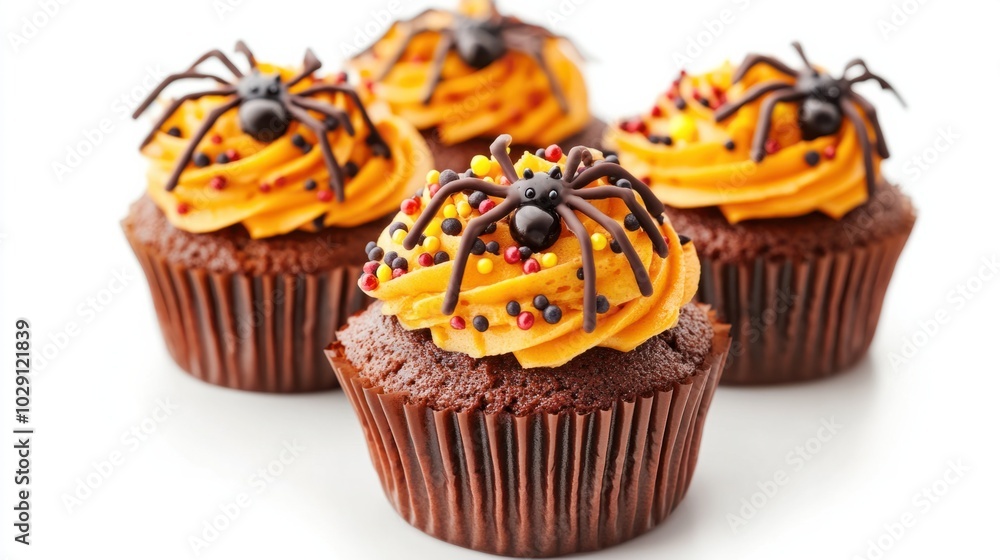 Halloween spider-themed cupcakes with chocolate spider webs and sprinkles, isolated on white background Halloween spider-themed cupcakes with chocolate spider webs and sprinkles, isolated on white background