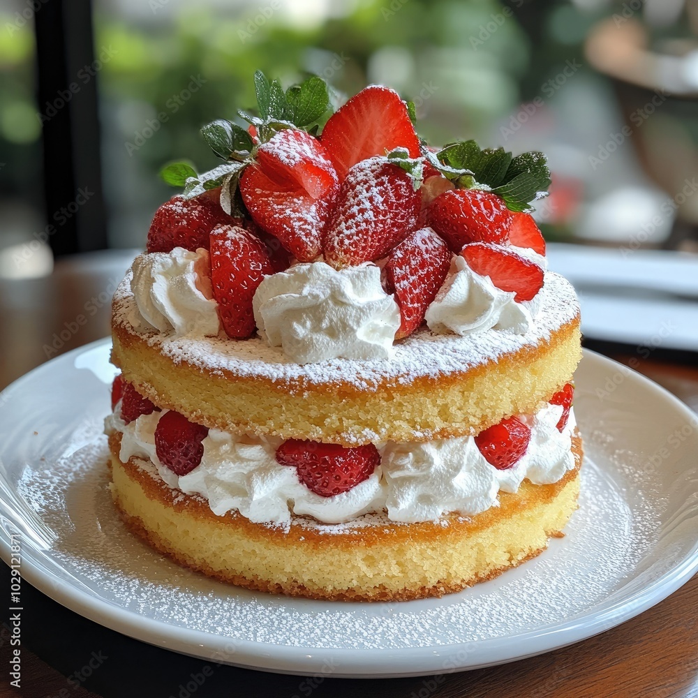 A classic sponge cake, topped with fresh whipped cream and strawberries, displayed on a white plate A classic sponge cake, topped with fresh whipped cream and strawberries, displayed on a white plate