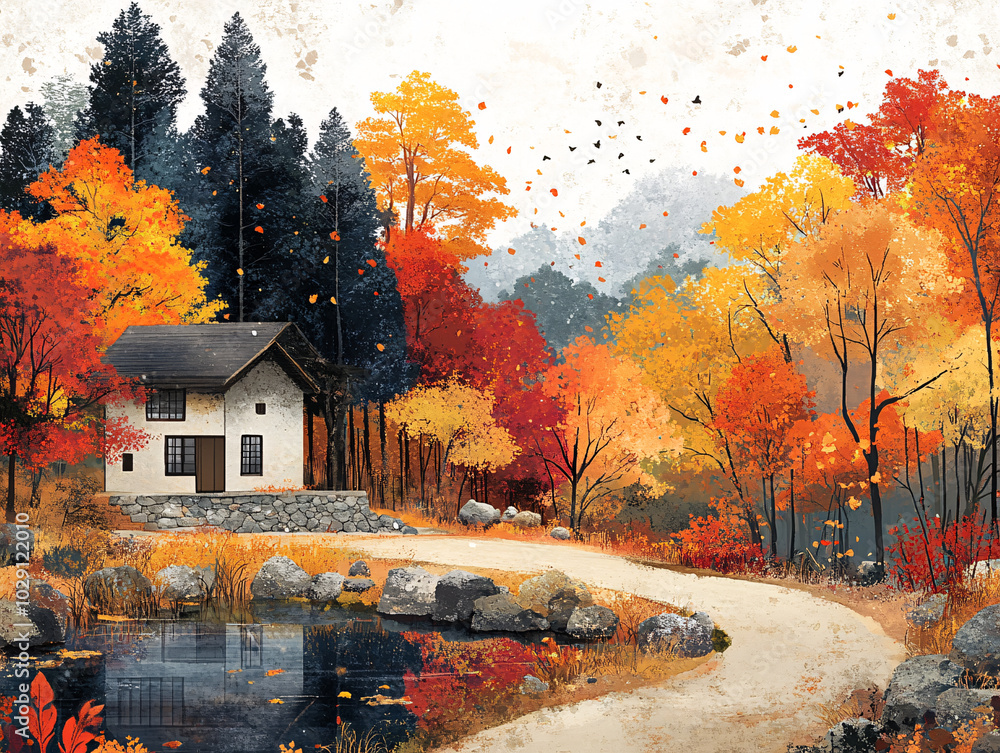 Obraz premium a tranquil rural scene with a dirt road leading to a small wooden cabin, surrounded by autumn foliage and a serene pond.