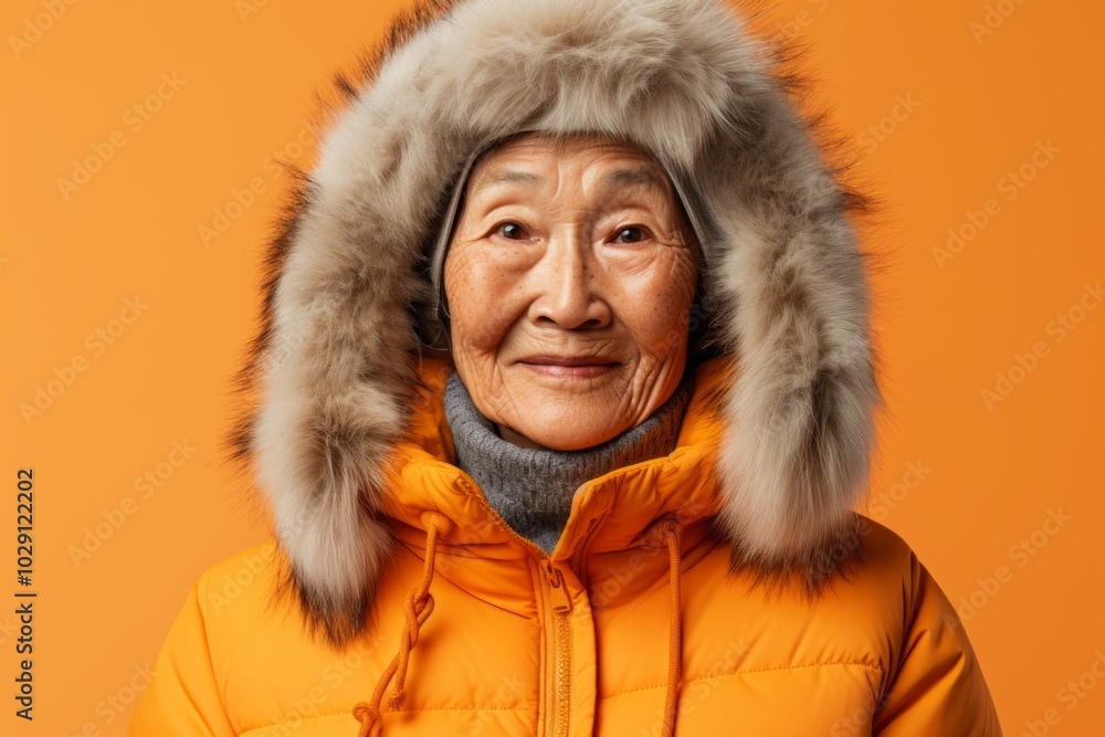 Portrait of a content asian elderly woman in her 90s wearing a warm parka isolated on soft orange background Portrait of a content asian elderly woman in her 90s wearing a warm parka isolated on soft orange background
