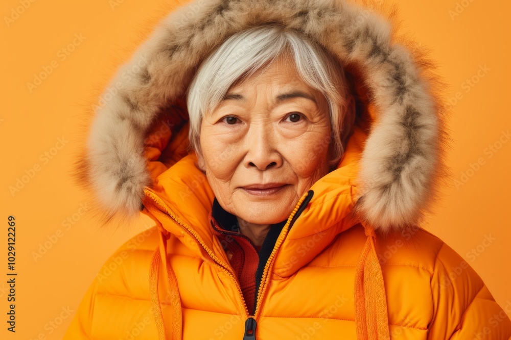 Portrait of a content asian elderly woman in her 90s wearing a warm parka over soft orange background Portrait of a content asian elderly woman in her 90s wearing a warm parka over soft orange background