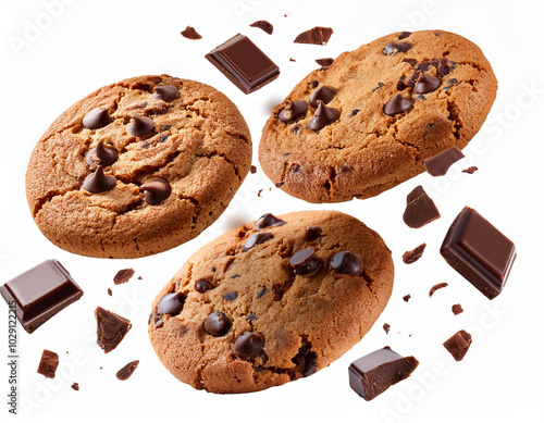 trio of warm, freshly baked chocolate chip cookies, with one cookie broken isolated white background 