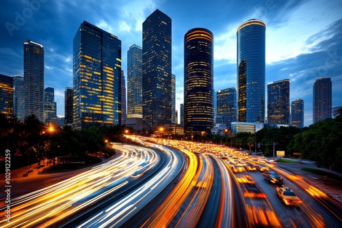 Panoramic view of a bustling city skyline at dusk, with skyscrapers lit up against a darkening sky, cars moving like streams of light along busy streets