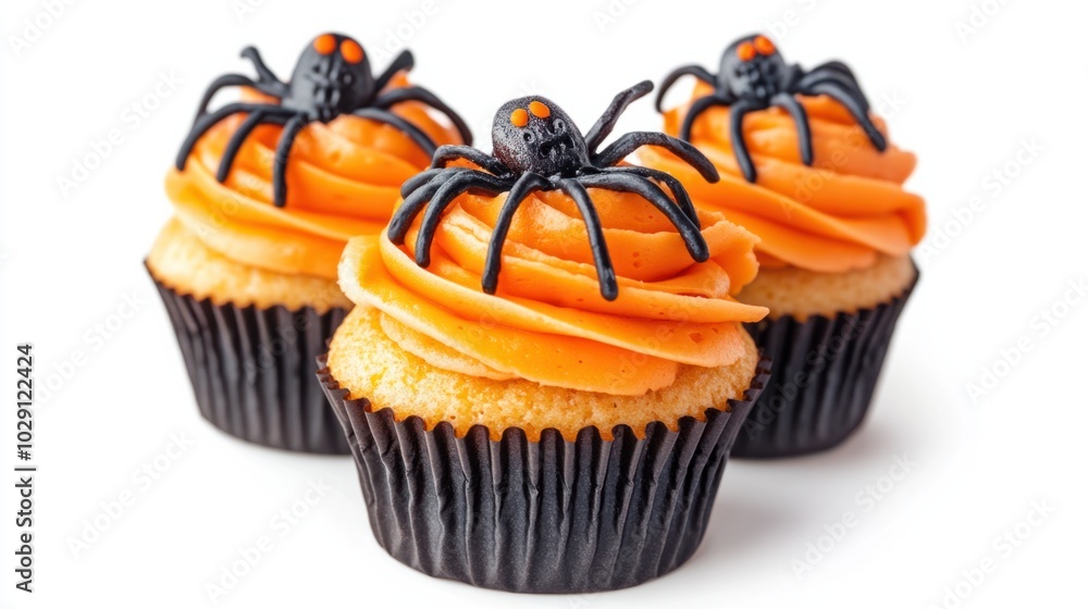 Halloween-themed cupcakes topped with spooky candy spiders, orange and black frosting, isolated on white background Halloween-themed cupcakes topped with spooky candy spiders, orange and black frosting, isolated on white background