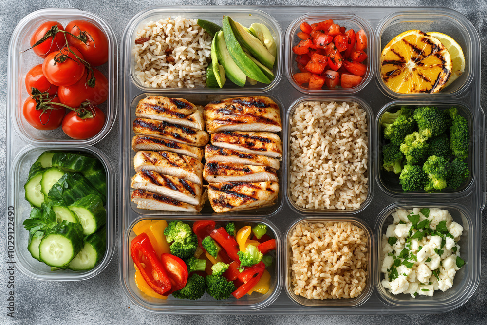Healthy meal prep with grilled chicken, fresh vegetables, and grains in reusable containers for nutritious eating. Healthy meal prep with grilled chicken, fresh vegetables, and grains in reusable containers for nutritious eating.