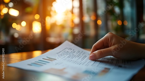 Delicate fingers holding the edge of a report, reviewing financial data, the sharpness of the paper contrasting with the softness of natural lighting, blurred office setting in the background.