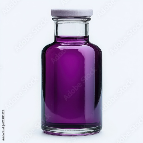 Glass bottle filled with vibrant purple liquid, white isolated background