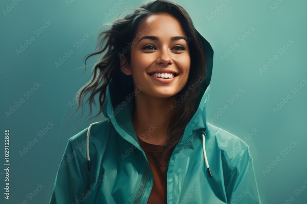 Portrait of a happy woman in her 30s sporting a waterproof rain jacket in front of soft teal background Portrait of a happy woman in her 30s sporting a waterproof rain jacket in front of soft teal background