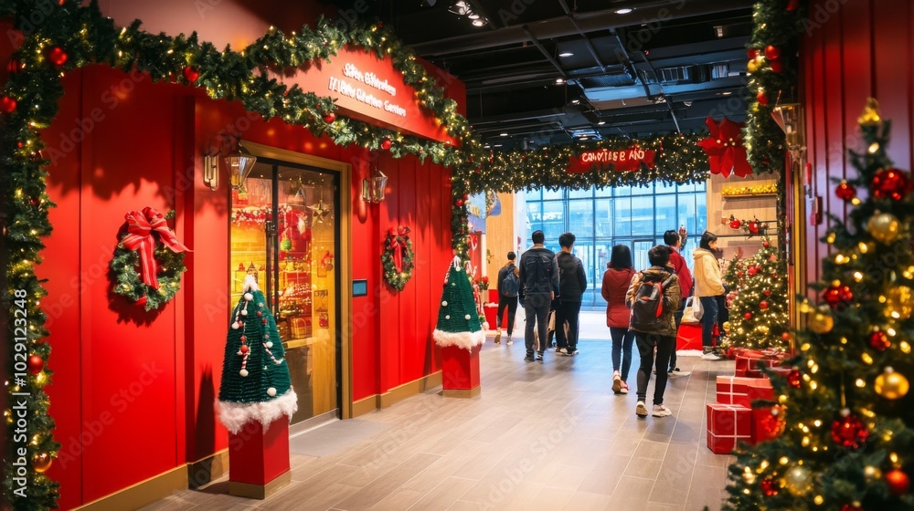 Obraz premium Visitors stroll through a beautifully decorated shopping center adorned with Christmas trees, lights, and festive ornaments. The vibrant red walls add warmth to the joyful holiday spirit.