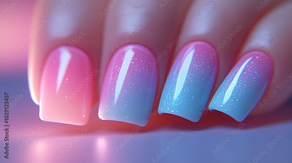 Ombre nails with a soft gradient blending from baby blue to soft pink, high gloss finish, seamless transition of colors, close-up shot under studio lighting for maximum detail and color clarity, Ombre nails with a soft gradient blending from baby blue to soft pink, high gloss finish, seamless transition of colors, close-up shot under studio lighting for maximum detail and color clarity,