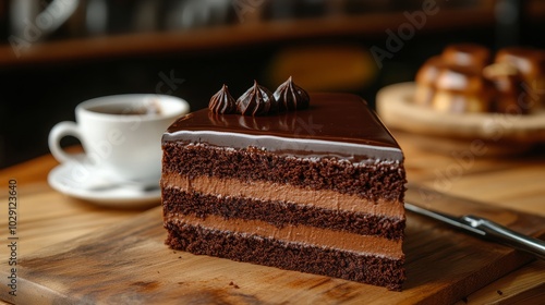 A slice of chocolate cake with chocolate frosting on a wooden cutting board photo