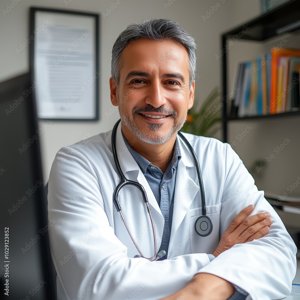 Smiling Middle-Eastern male doctor in white coat with stethoscope in office setting. Smiling Middle-Eastern male doctor in white coat with stethoscope in office setting.