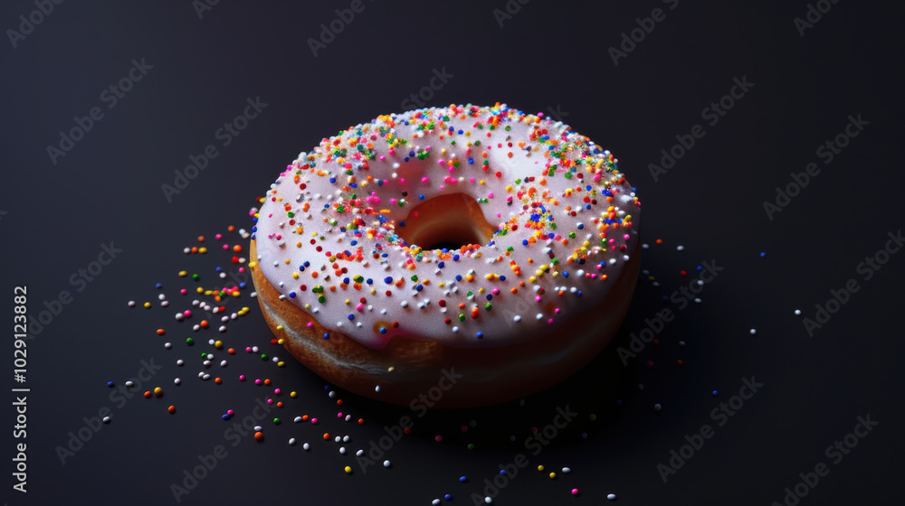 Delight in colorful sprinkles atop glazed donut, resting on dark surface, creating vibrant contrast. This sweet treat is perfect for any dessert lover Delight in colorful sprinkles atop glazed donut, resting on dark surface, creating vibrant contrast. This sweet treat is perfect for any dessert lover
