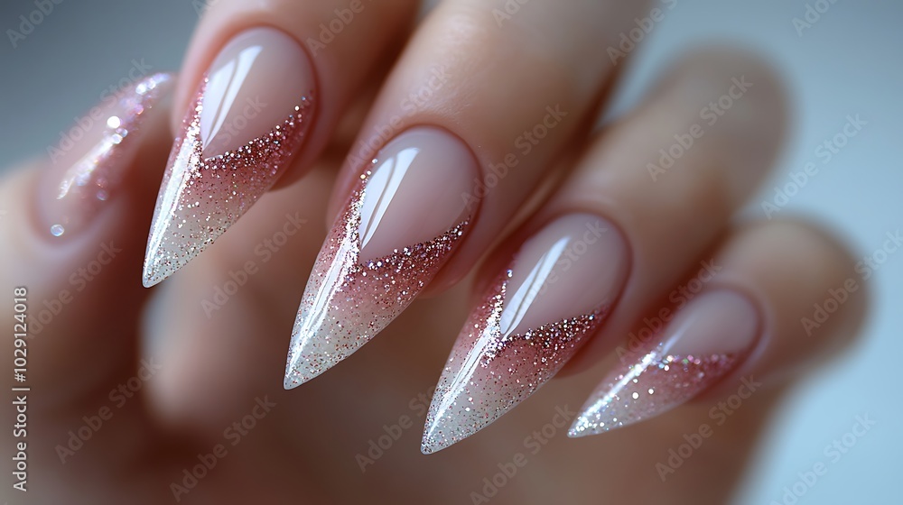 Unconventional French manicure with glitter tips, asymmetrical lines and a shiny finish, a contemporary twist on a classic design, Unconventional French manicure with glitter tips, asymmetrical lines and a shiny finish, a contemporary twist on a classic design,