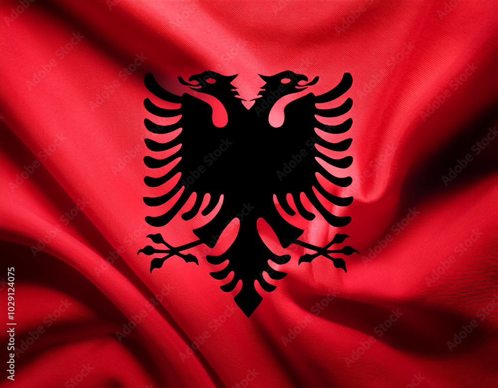 Albania Flag waving in the wind. Close up of Albania banner blowing, soft and smooth silk. Cloth fabric texture ensign background Albania Flag waving in the wind. Close up of Albania banner blowing, soft and smooth silk. Cloth fabric texture ensign background