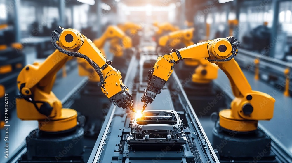 Robotic Arms Assembling a Car on a Factory Line Robotic Arms Assembling a Car on a Factory Line