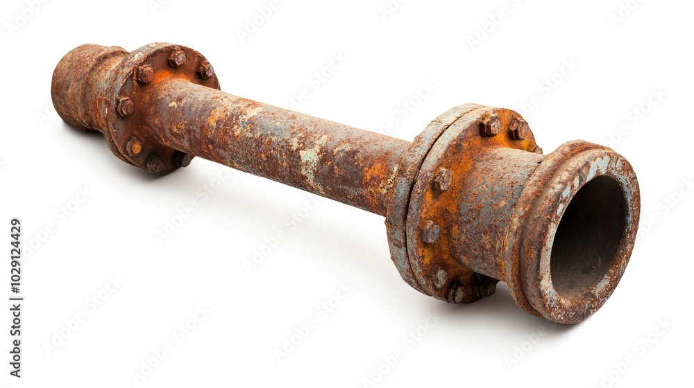 A close-up of an old drain pipe with flanges, heavily rusted and worn down by time, isolated on a bright white background. A close-up of an old drain pipe with flanges, heavily rusted and worn down by time, isolated on a bright white background.