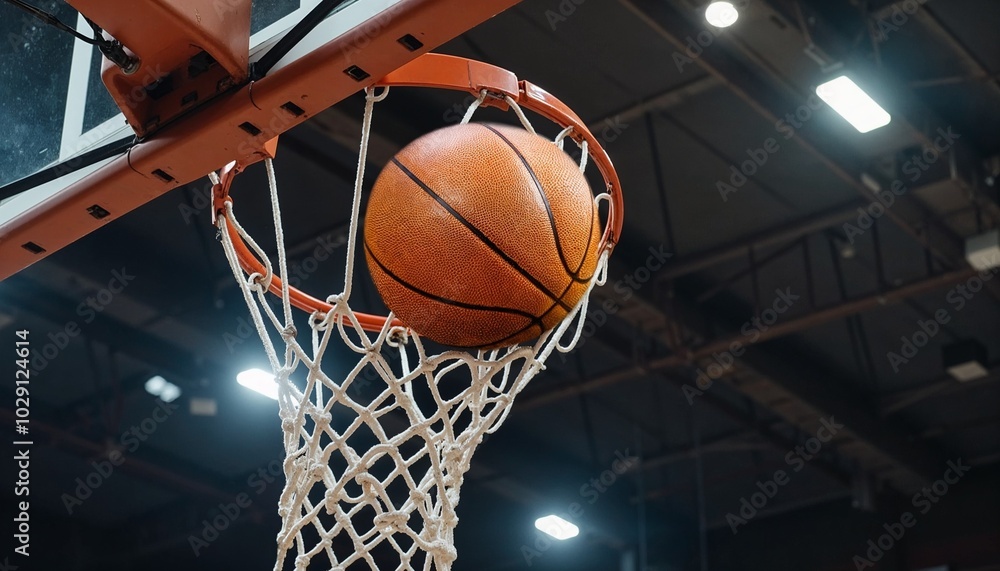 Basketball going through hoop in dramatic lighting against dark background Basketball going through hoop in dramatic lighting against dark background