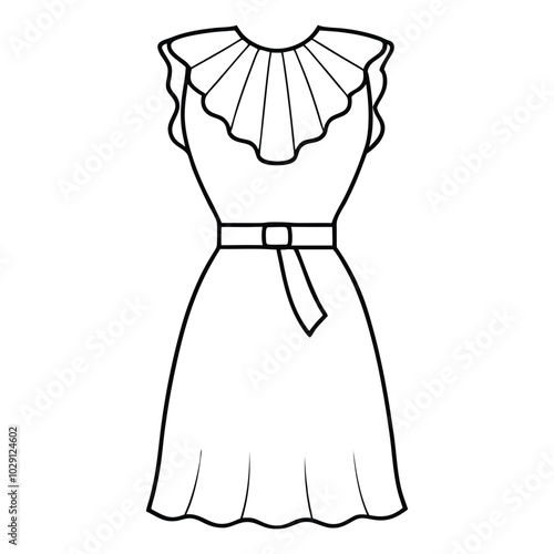 Cocktail Dress Line Art Illustration of a Knee-Length Dress with Ruffles