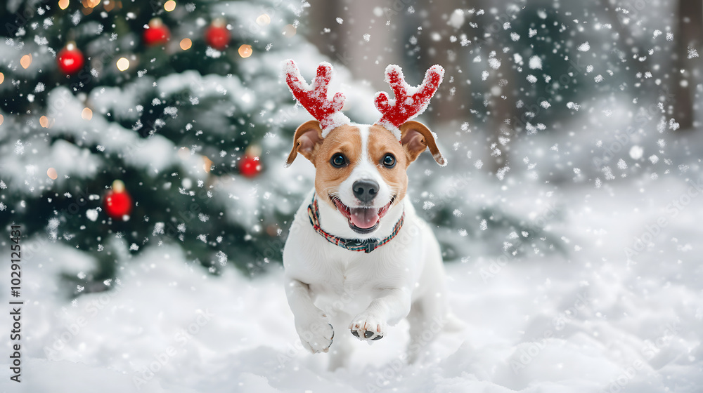 A dog playing in the snow while wearing reindeer antlers with a snowy Christmas tree in the background. A dog playing in the snow while wearing reindeer antlers with a snowy Christmas tree in the background.