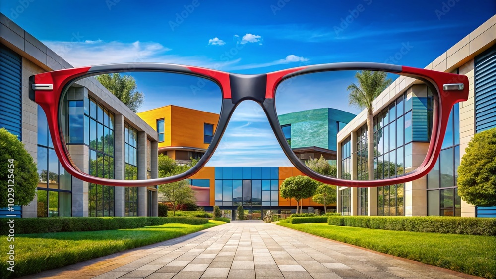 Retro Architectural View Featuring 1970s Glasses with Stylish Design Elements