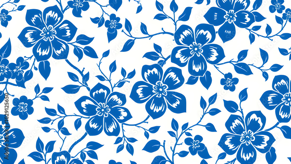 Repeating blue floral pattern with intricate leaf designs, Generative AI Repeating blue floral pattern with intricate leaf designs, Generative AI