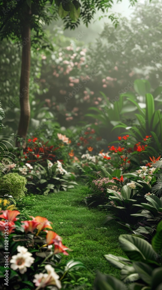 Lush green garden with a variety of blooming flowers, 4K hyperrealistic photo Lush green garden with a variety of blooming flowers, 4K hyperrealistic photo